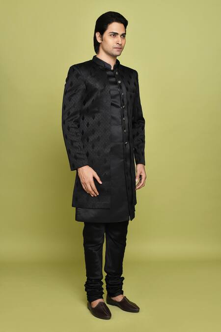 Buy Arihant Rai Sinha Black Gingham Embroidery Leaf Pattern Sherwani With Kurta Online at Aza Fashions Buy_Arihant Rai Sinha_Black Gingham Embroidery Leaf Pattern Sherwani With Kurta _Online_at_Aza_Fashions