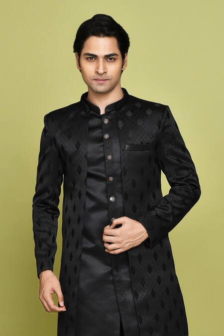Arihant Rai Sinha Black Gingham Embroidery Leaf Pattern Sherwani With Kurta at Aza Fashions Arihant Rai Sinha_Black Gingham Embroidery Leaf Pattern Sherwani With Kurta _at_Aza_Fashions