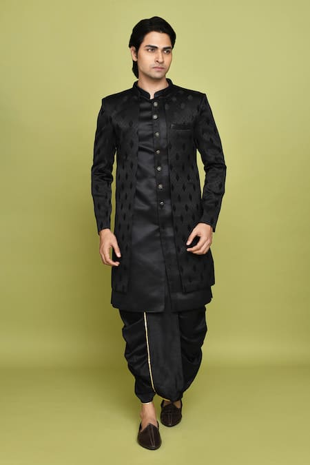 Arihant Rai Sinha Black Georgette, Silk Embroidery Leaf Pattern Sherwani Dhoti Set 