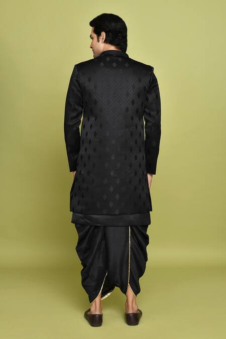 Shop Arihant Rai Sinha Black Georgette, Silk Embroidery Leaf Pattern Sherwani Dhoti Set at Aza Fashions Shop_Arihant Rai Sinha_Black Georgette, Silk Embroidery Leaf Pattern Sherwani Dhoti Set _at_Aza_Fashions
