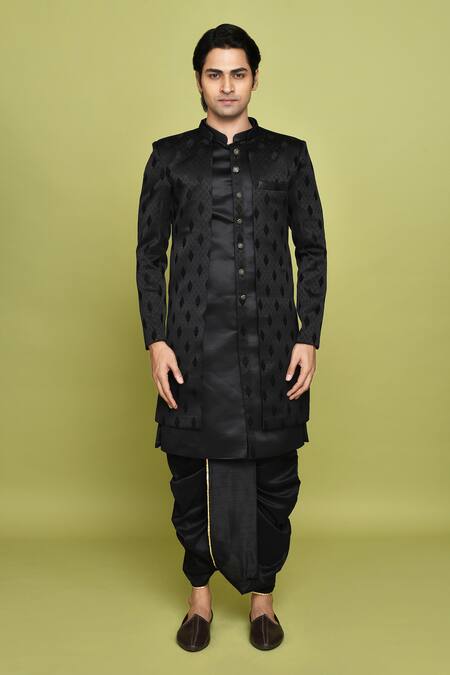 Shop Arihant Rai Sinha Black Georgette, Silk Embroidery Leaf Pattern Sherwani Dhoti Set Online at Aza Fashions Shop_Arihant Rai Sinha_Black Georgette, Silk Embroidery Leaf Pattern Sherwani Dhoti Set _Online_at_Aza_Fashions