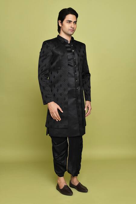 Arihant Rai Sinha Black Georgette, Silk Embroidery Leaf Pattern Sherwani Dhoti Set at Aza Fashions Arihant Rai Sinha_Black Georgette, Silk Embroidery Leaf Pattern Sherwani Dhoti Set _at_Aza_Fashions