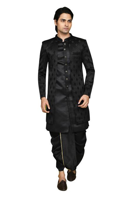 Buy Arihant Rai Sinha Black Georgette, Silk Embroidery Leaf Pattern Sherwani Dhoti Set Buy_Arihant Rai Sinha_Black Georgette, Silk Embroidery Leaf Pattern Sherwani Dhoti Set