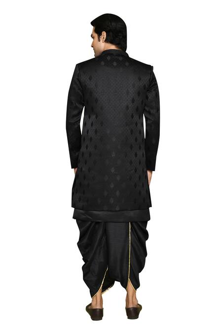 Shop Arihant Rai Sinha Black Georgette, Silk Embroidery Leaf Pattern Sherwani Dhoti Set Shop_Arihant Rai Sinha_Black Georgette, Silk Embroidery Leaf Pattern Sherwani Dhoti Set