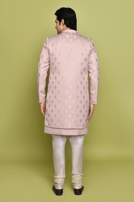 Shop Arihant Rai Sinha Pink Gingham, Denim Embroidery Leaf Pattern Sherwani Churidar Set at Aza Fashions Shop_Arihant Rai Sinha_Pink Gingham, Denim Embroidery Leaf Pattern Sherwani Churidar Set _at_Aza_Fashions