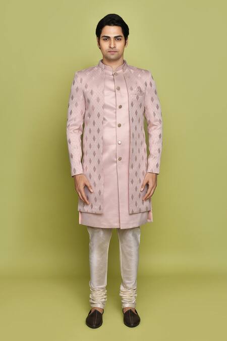 Buy Arihant Rai Sinha Pink Gingham, Denim Embroidery Leaf Pattern Sherwani Churidar Set Online at Aza Fashions Buy_Arihant Rai Sinha_Pink Gingham, Denim Embroidery Leaf Pattern Sherwani Churidar Set _Online_at_Aza_Fashions