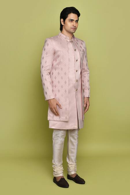 Shop Arihant Rai Sinha Pink Gingham, Denim Embroidery Leaf Pattern Sherwani Churidar Set Online at Aza Fashions Shop_Arihant Rai Sinha_Pink Gingham, Denim Embroidery Leaf Pattern Sherwani Churidar Set _Online_at_Aza_Fashions