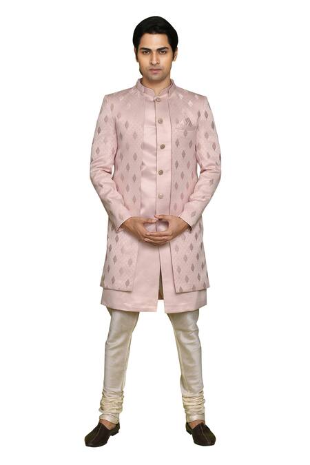 Arihant Rai Sinha Pink Gingham, Denim Embroidery Leaf Pattern Sherwani Churidar Set at Aza Fashions Arihant Rai Sinha_Pink Gingham, Denim Embroidery Leaf Pattern Sherwani Churidar Set _at_Aza_Fashions