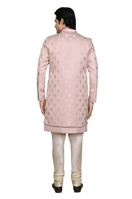 Buy Arihant Rai Sinha Pink Gingham, Denim Embroidery Leaf Pattern Sherwani Churidar Set Buy_Arihant Rai Sinha_Pink Gingham, Denim Embroidery Leaf Pattern Sherwani Churidar Set