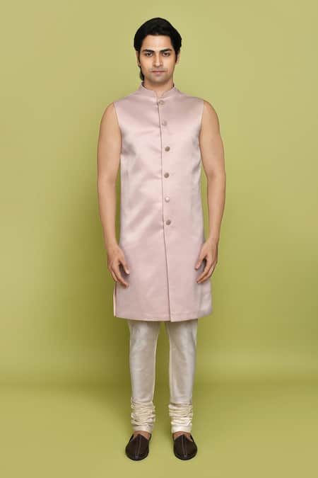 Shop Arihant Rai Sinha Pink Gingham, Denim Embroidery Leaf Pattern Sherwani Churidar Set Shop_Arihant Rai Sinha_Pink Gingham, Denim Embroidery Leaf Pattern Sherwani Churidar Set