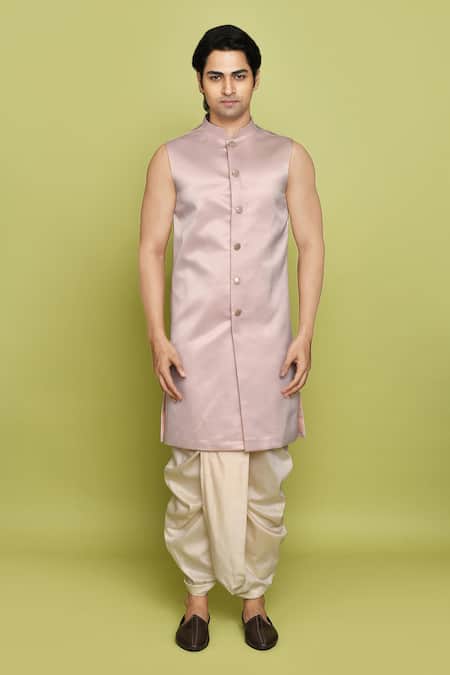 Buy_Arihant Rai Sinha_Pink Silk Embroidery Leaf Pattern Sherwani Kurta Set_Online_at_Aza_Fashions