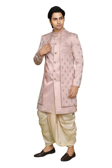 Buy_Arihant Rai Sinha_Pink Silk Embroidery Leaf Pattern Sherwani Kurta Set