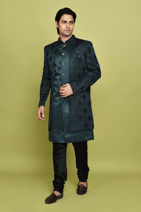 Arihant Rai Sinha_Green Georgette, Denim Feathers Pattern Sherwani Churidar Set_at_Aza_Fashions