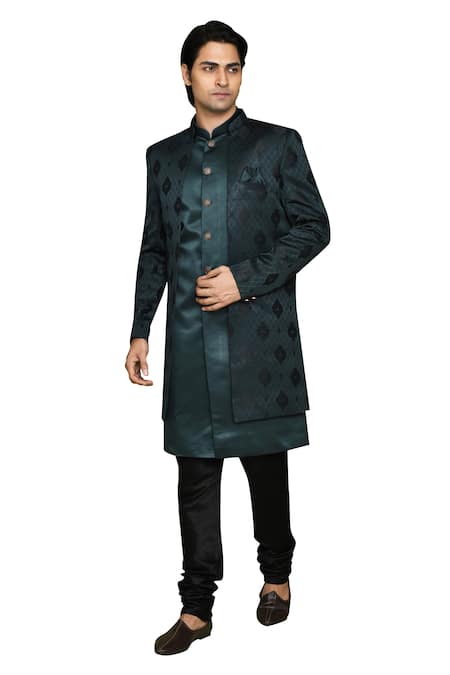 Buy_Arihant Rai Sinha_Green Georgette, Denim Feathers Pattern Sherwani Churidar Set
