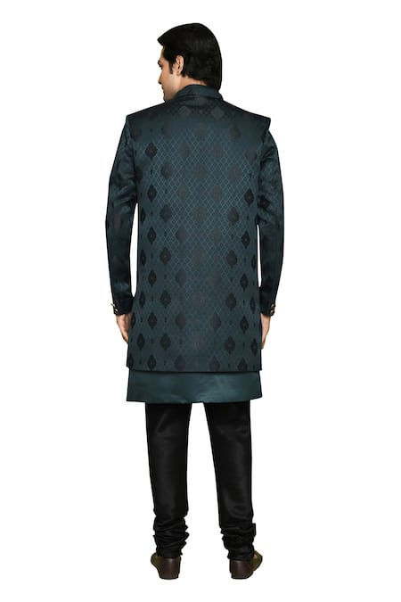 Shop_Arihant Rai Sinha_Green Georgette, Denim Feathers Pattern Sherwani Churidar Set