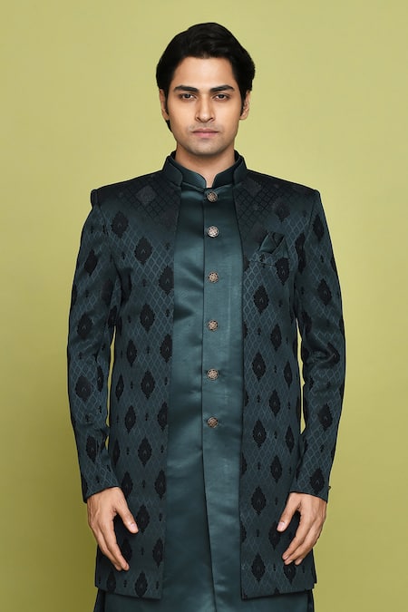 Shop_Arihant Rai Sinha_Green Georgette, Silk Feathers Pattern Sherwani With Dhoti Set_Online_at_Aza_Fashions