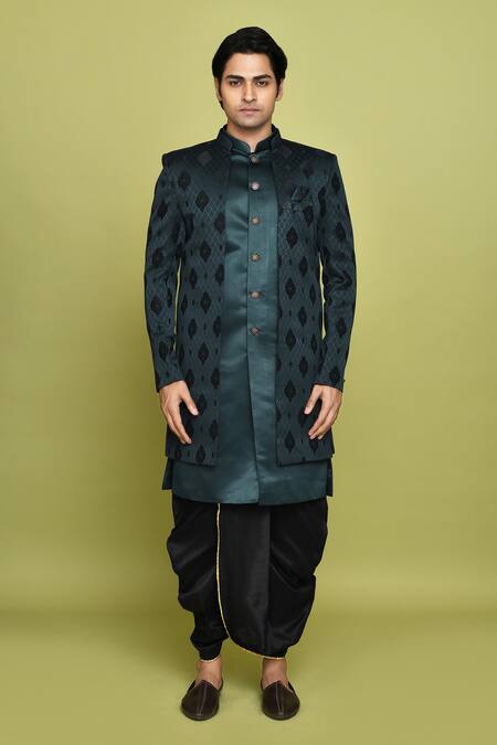 Arihant Rai Sinha_Green Georgette, Silk Feathers Pattern Sherwani With Dhoti Set_at_Aza_Fashions