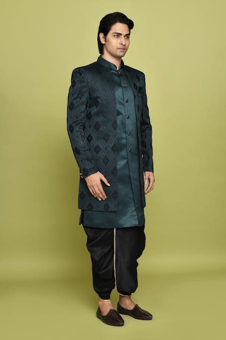 Buy_Arihant Rai Sinha_Green Georgette, Silk Feathers Pattern Sherwani With Dhoti Set
