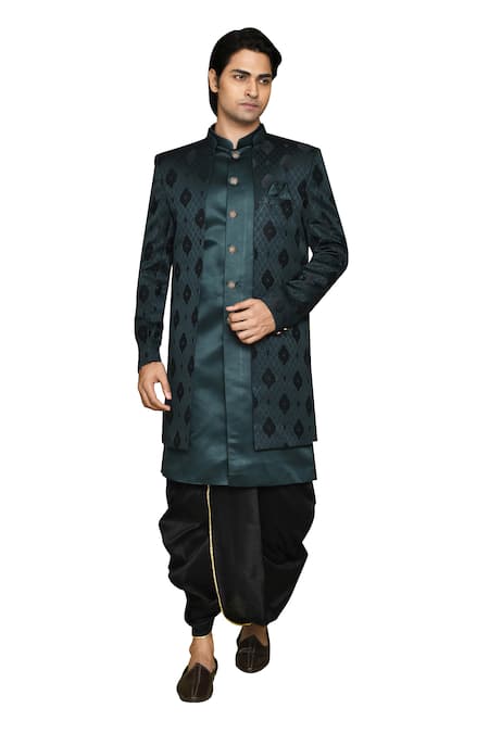 Shop_Arihant Rai Sinha_Green Georgette, Silk Feathers Pattern Sherwani With Dhoti Set