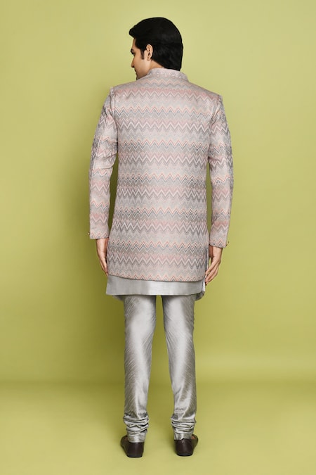 Shop Arihant Rai Sinha Grey Brocade, Silk Chevron Pattern Sherwani And Kurta Set at Aza Fashions Shop_Arihant Rai Sinha_Grey Brocade, Silk Chevron Pattern Sherwani And Kurta Set _at_Aza_Fashions