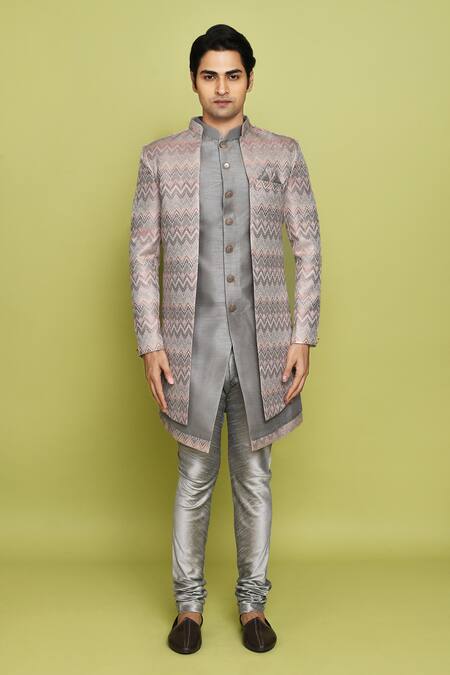 Shop Arihant Rai Sinha Grey Brocade, Silk Chevron Pattern Sherwani And Kurta Set Online at Aza Fashions Shop_Arihant Rai Sinha_Grey Brocade, Silk Chevron Pattern Sherwani And Kurta Set _Online_at_Aza_Fashions
