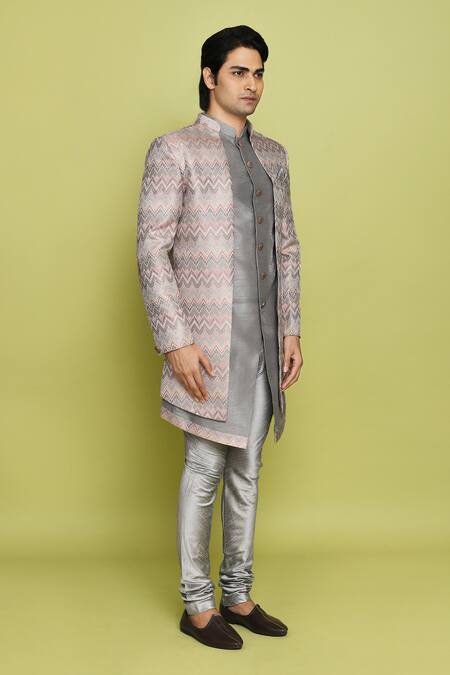Arihant Rai Sinha Grey Brocade, Silk Chevron Pattern Sherwani And Kurta Set at Aza Fashions Arihant Rai Sinha_Grey Brocade, Silk Chevron Pattern Sherwani And Kurta Set _at_Aza_Fashions