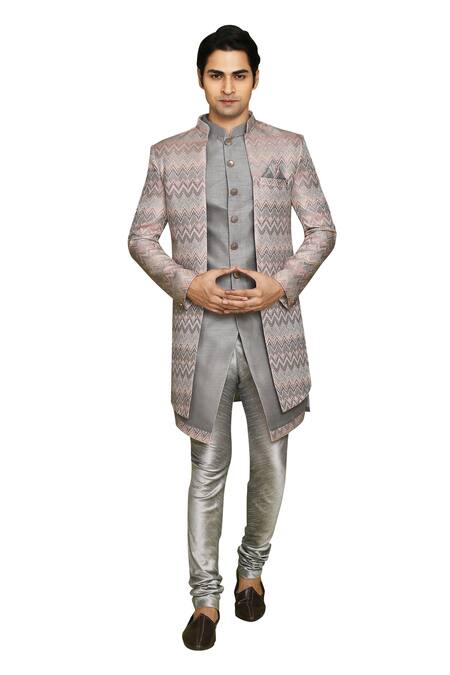 Buy Arihant Rai Sinha Grey Brocade, Silk Chevron Pattern Sherwani And Kurta Set Buy_Arihant Rai Sinha_Grey Brocade, Silk Chevron Pattern Sherwani And Kurta Set