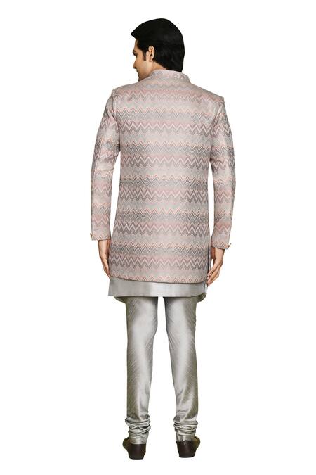 Shop Arihant Rai Sinha Grey Brocade, Silk Chevron Pattern Sherwani And Kurta Set Shop_Arihant Rai Sinha_Grey Brocade, Silk Chevron Pattern Sherwani And Kurta Set