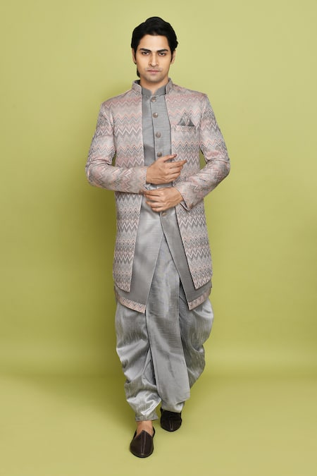 Aryavir Malhotra Chevron Pattern Sherwani Dhoti Set 