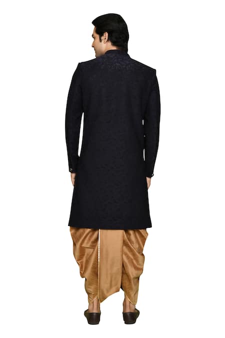 Arihant Rai Sinha_Blue Velvet, Silk Patchwork Work Detailed Sherwani With Dhoti_Online_at_Aza_Fashions