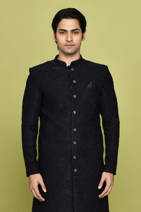 Buy_Arihant Rai Sinha_Blue Velvet, Silk Patchwork Work Detailed Sherwani With Dhoti_Online_at_Aza_Fashions