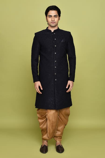 Shop_Arihant Rai Sinha_Blue Velvet, Silk Patchwork Work Detailed Sherwani With Dhoti_Online_at_Aza_Fashions