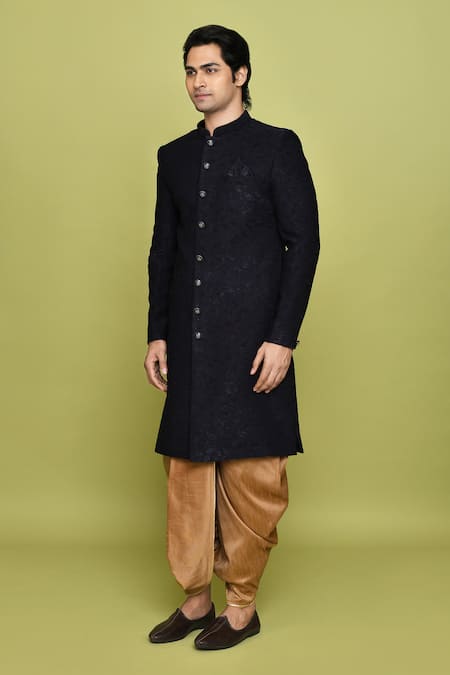 Arihant Rai Sinha_Blue Velvet, Silk Patchwork Work Detailed Sherwani With Dhoti_at_Aza_Fashions