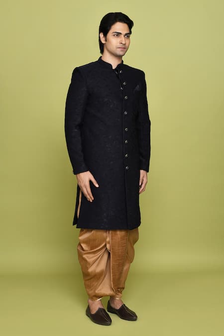 Buy_Arihant Rai Sinha_Blue Velvet, Silk Patchwork Work Detailed Sherwani With Dhoti