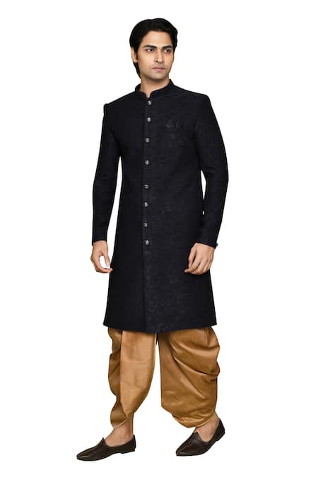Shop_Arihant Rai Sinha_Blue Velvet, Silk Patchwork Work Detailed Sherwani With Dhoti