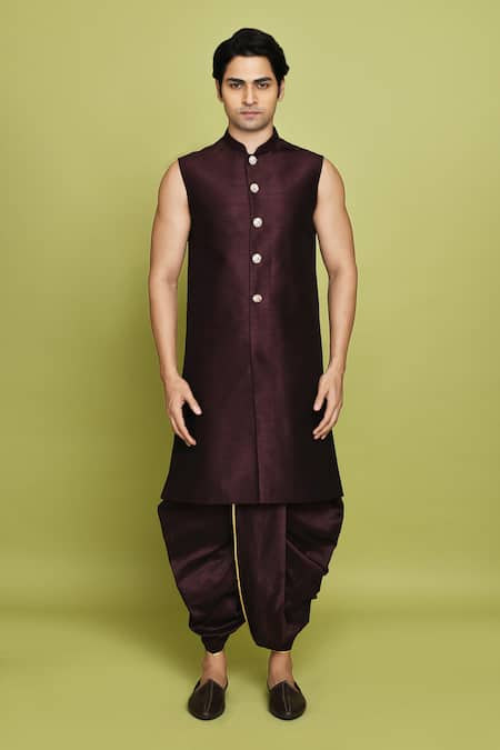 Arihant Rai Sinha_Pink Brocade, Silk Embroidery Chevron Pattern Sherwani Dhoti Set _Online_at_Aza_Fashions