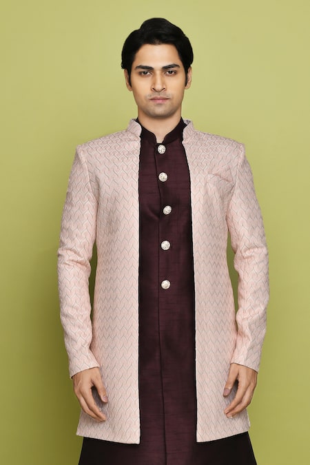Shop_Arihant Rai Sinha_Pink Brocade, Silk Embroidery Chevron Pattern Sherwani Dhoti Set _Online_at_Aza_Fashions