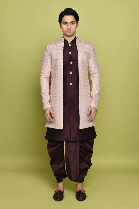 Arihant Rai Sinha_Pink Brocade, Silk Embroidery Chevron Pattern Sherwani Dhoti Set _at_Aza_Fashions