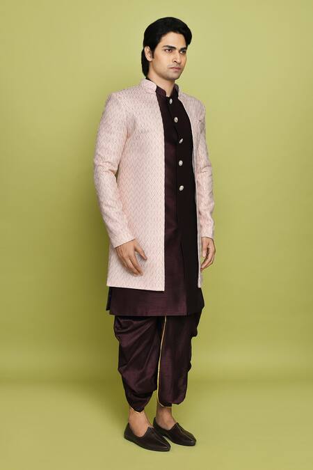 Buy_Arihant Rai Sinha_Pink Brocade, Silk Embroidery Chevron Pattern Sherwani Dhoti Set 