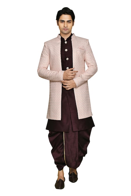 Shop_Arihant Rai Sinha_Pink Brocade, Silk Embroidery Chevron Pattern Sherwani Dhoti Set 