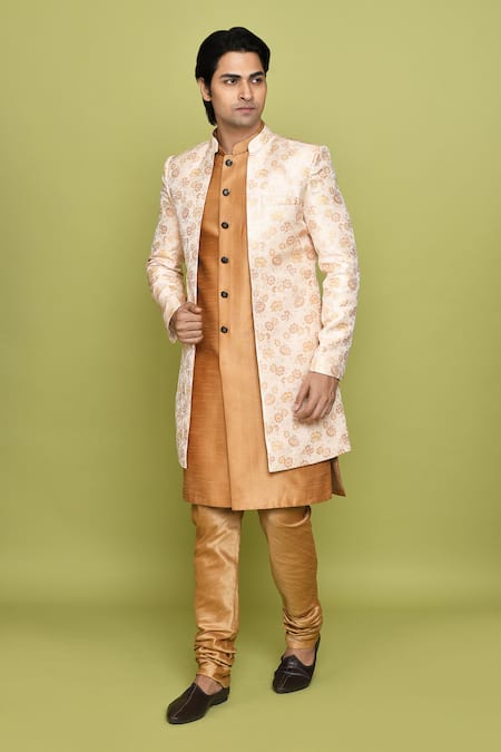Arihant Rai Sinha_Peach Brocade Embroidery Flower Pattern Sherwani With Kurta _Online_at_Aza_Fashions
