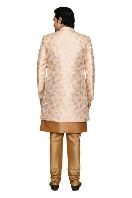 Buy_Arihant Rai Sinha_Peach Brocade Embroidery Flower Pattern Sherwani With Kurta _Online_at_Aza_Fashions