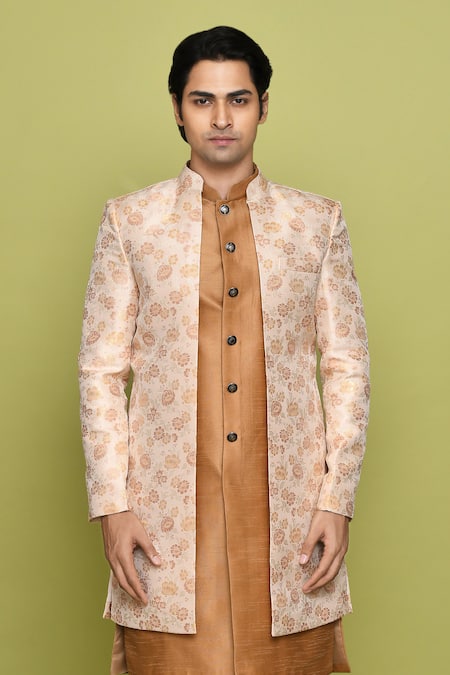 Shop_Arihant Rai Sinha_Peach Brocade Embroidery Flower Pattern Sherwani With Kurta _Online_at_Aza_Fashions