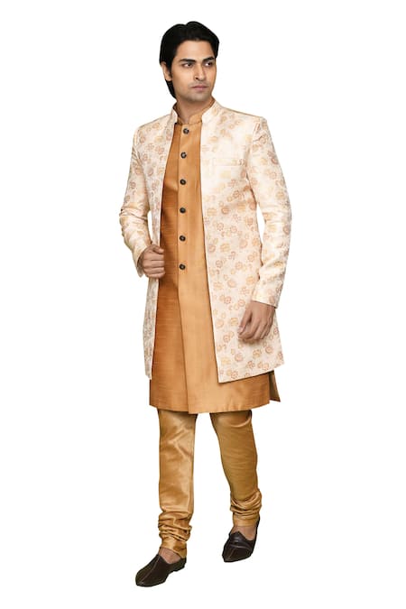Buy_Arihant Rai Sinha_Peach Brocade Embroidery Flower Pattern Sherwani With Kurta 