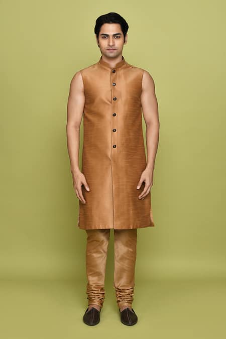 Shop_Arihant Rai Sinha_Peach Brocade Embroidery Flower Pattern Sherwani With Kurta 