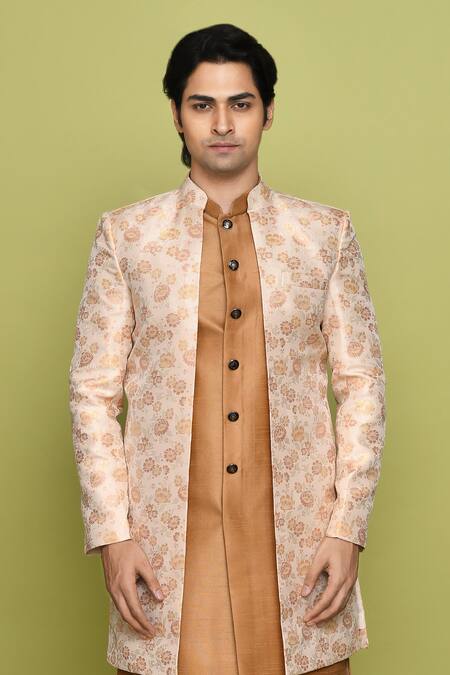 Shop_Arihant Rai Sinha_Peach Brocade, Silk Embroidery Flower Pattern Sherwani Kurta Set _Online_at_Aza_Fashions