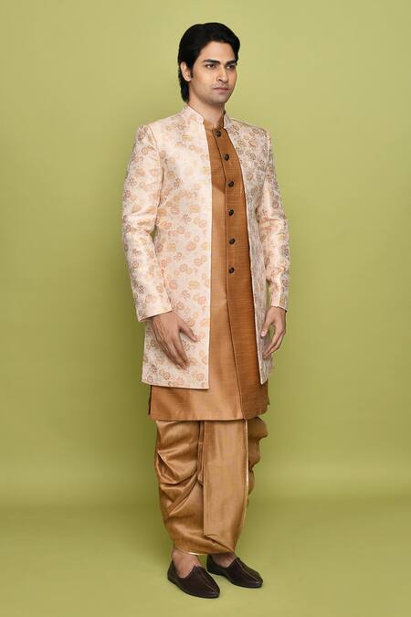 Buy_Arihant Rai Sinha_Peach Brocade, Silk Embroidery Flower Pattern Sherwani Kurta Set 