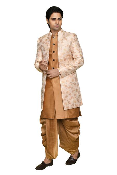 Shop_Arihant Rai Sinha_Peach Brocade, Silk Embroidery Flower Pattern Sherwani Kurta Set 
