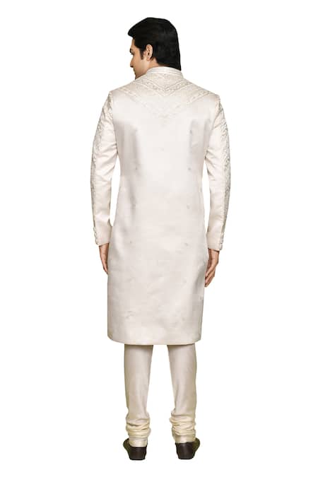 Buy_Arihant Rai Sinha_Cream Brocade, Denim Embroidery Thread Sherwani With Churidar _Online_at_Aza_Fashions
