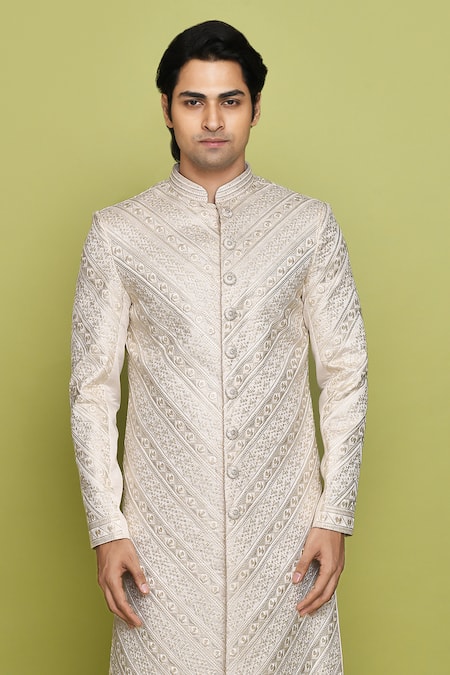 Shop_Arihant Rai Sinha_Cream Brocade, Denim Embroidery Thread Sherwani With Churidar _Online_at_Aza_Fashions